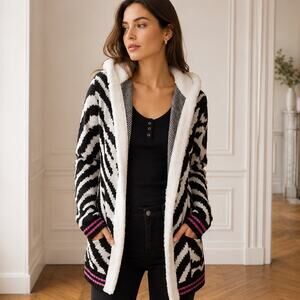 Zebra Sherpa Hood Cardigan M 7/9 Y2K Whimsigoth Cozy Boho Grunge Glam